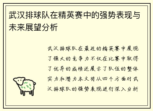 武汉排球队在精英赛中的强势表现与未来展望分析