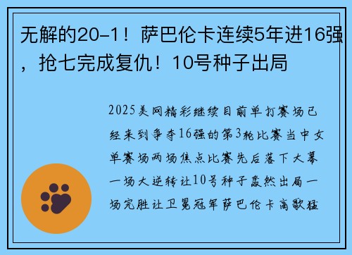 无解的20-1！萨巴伦卡连续5年进16强，抢七完成复仇！10号种子出局